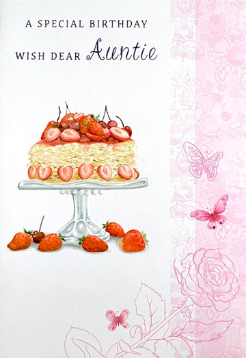 Dear Auntie Special Happy Birthday Card Strawberry Cake Rose Butterfly Art