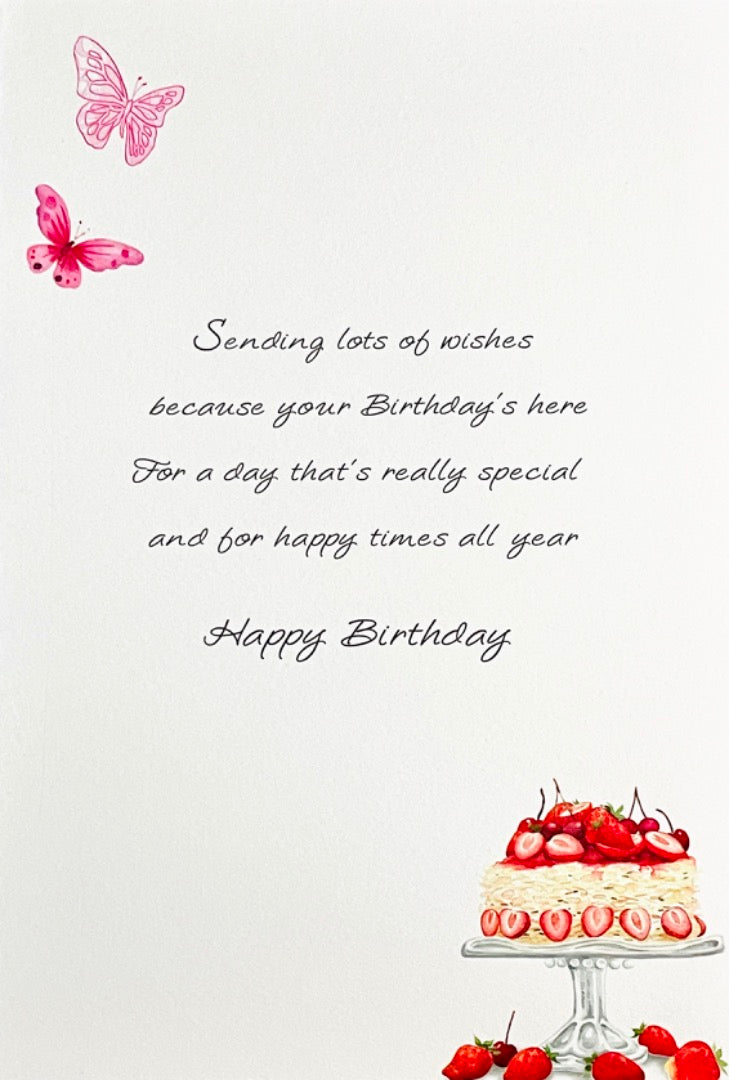 Dear Auntie Special Happy Birthday Card Strawberry Cake Rose Butterfly Art