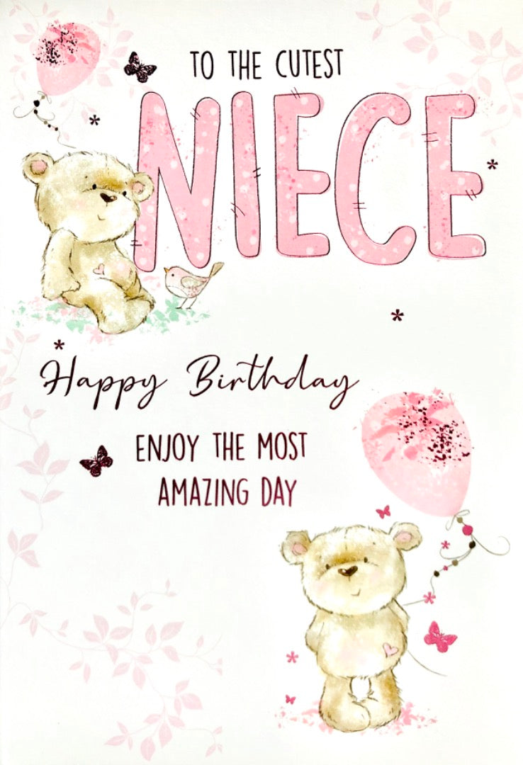 To The Cutest Niece Happy Birthday Card with Lots of Love Teddy Bear and Bird Art