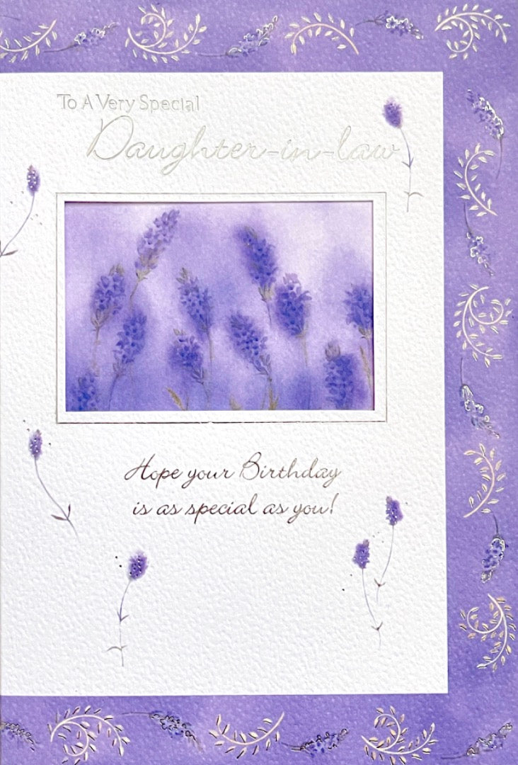 To A Very Special Daughter-in-Law Birthday Card Lavender Watercolour Art Silver