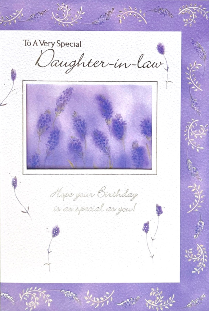 To A Very Special Daughter-in-Law Birthday Card Lavender Watercolour Art Silver