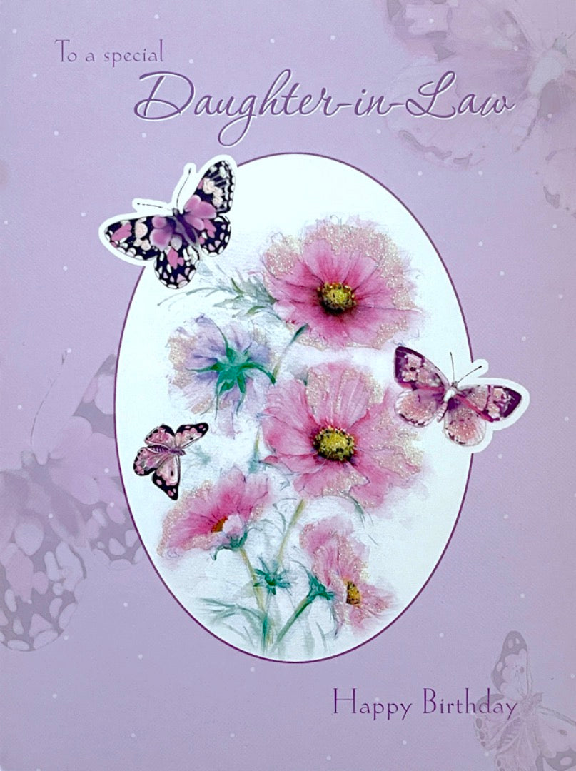 To A Special Daughter-in-Law Birthday Card Pink Flowers Butterflies Art Glitter
