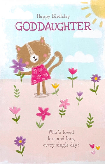 Goddaughter Happy Birthday Card Loved Lots Cat In Pretty Dress with Flowers