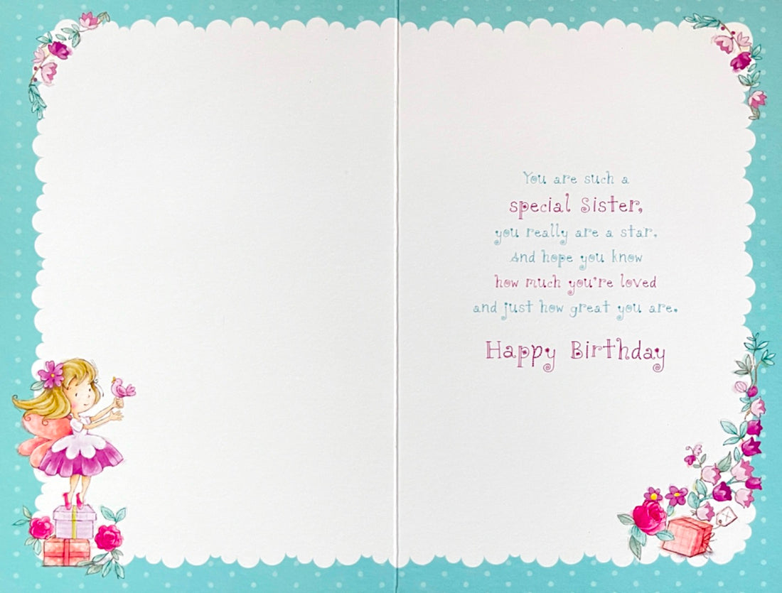 Special Sister Happy Birthday Card Pretty Fairy Girl with Bird Cage Flowers Gifts
