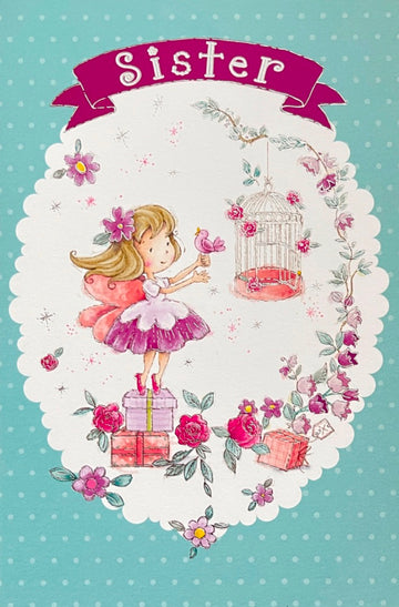 Special Sister Happy Birthday Card Pretty Fairy Girl with Bird Cage Flowers Gifts