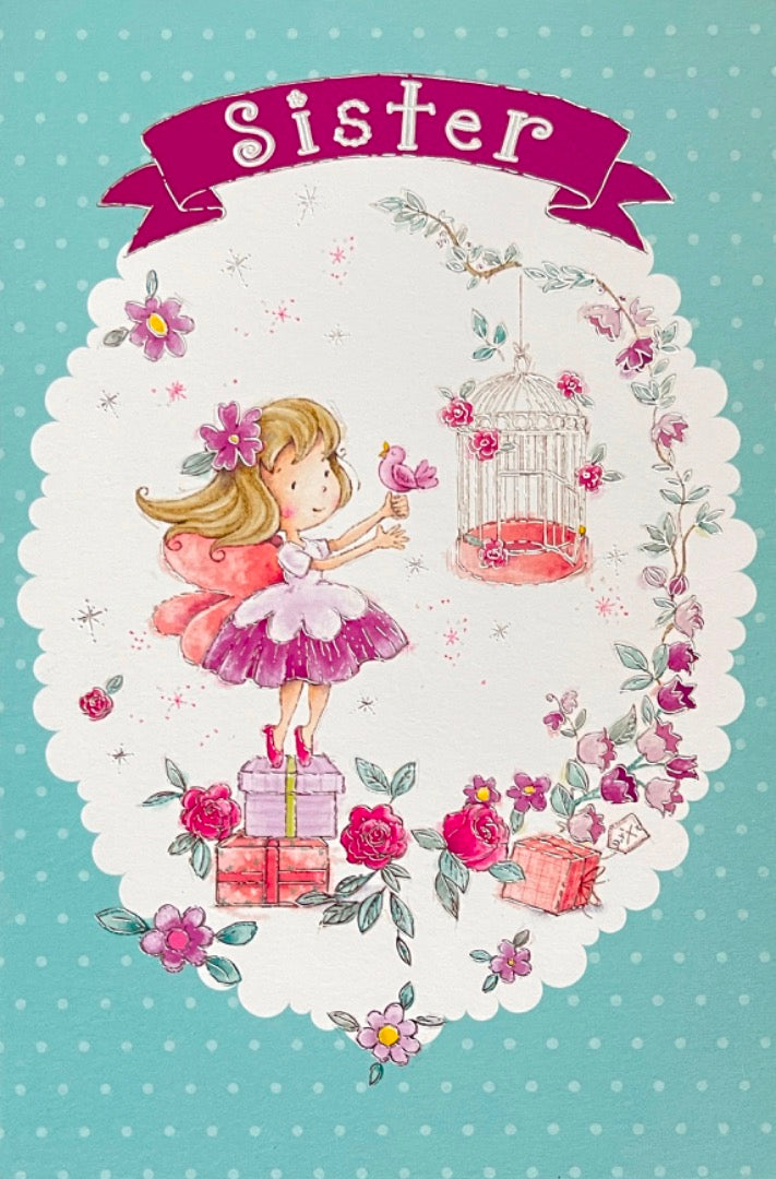 Special Sister Happy Birthday Card Pretty Fairy Girl with Bird Cage Flowers Gifts