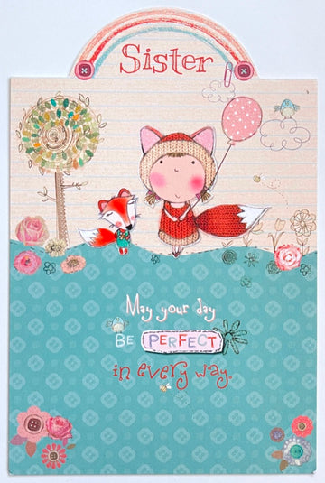 Sister Happy Birthday Card Girl with Fox Balloon Bird Flowers and Rainbow Glitter Art