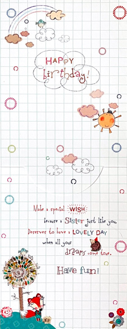 Sister Happy Birthday Card Girl with Fox Balloon Bird Flowers and Rainbow Glitter Art