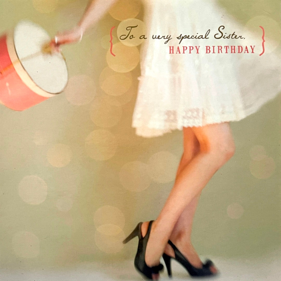 Very Special Sister Happy Birthday Blank Contemporary Card Hat Box Dress and Shoes