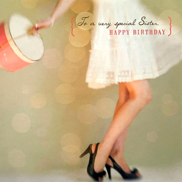 Very Special Sister Happy Birthday Blank Contemporary Card Hat Box Dress and Shoes