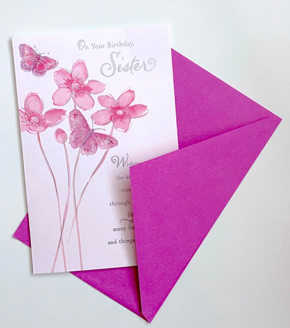 Sister Happy Birthday Card Pink Watercolour Flowers and Butterfly Art  Silver Foil