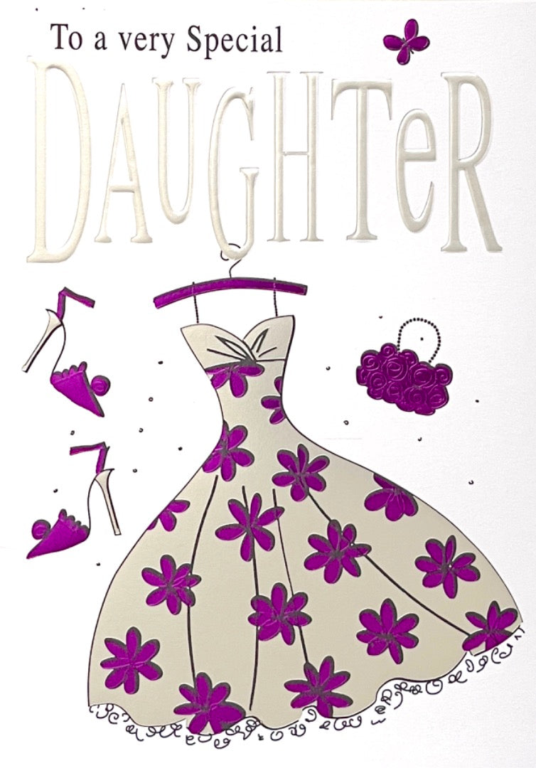 Very Special Daughter Happy Birthday Card Lots of Love Silver Foil Dress Outfit Art