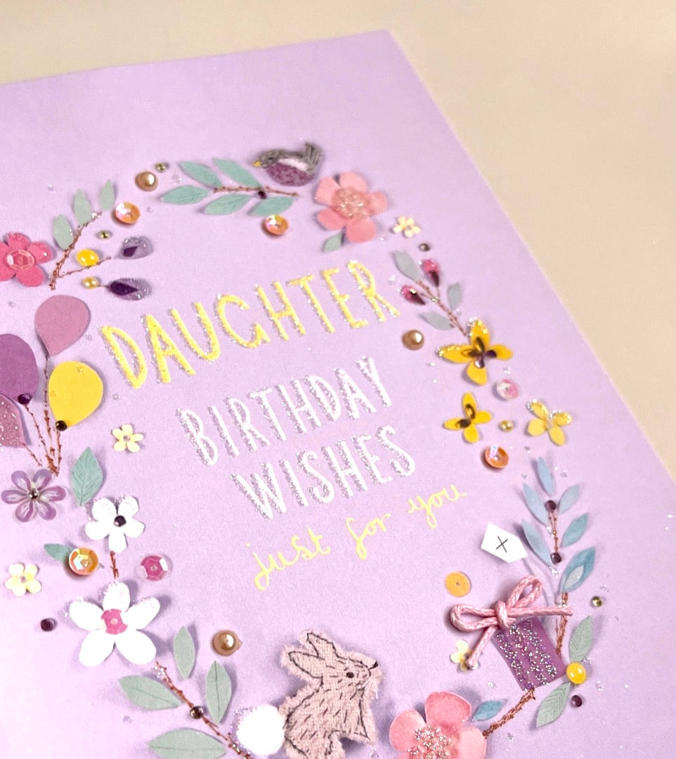 Daughter Birthday Wishes Card Rabbit Bird Flower Balloons Craft Art Embellished Wreath Print