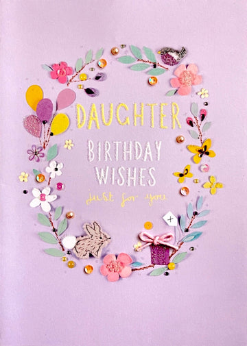 Daughter Birthday Wishes Card Rabbit Bird Flower Balloons Craft Art Embellished Wreath Print