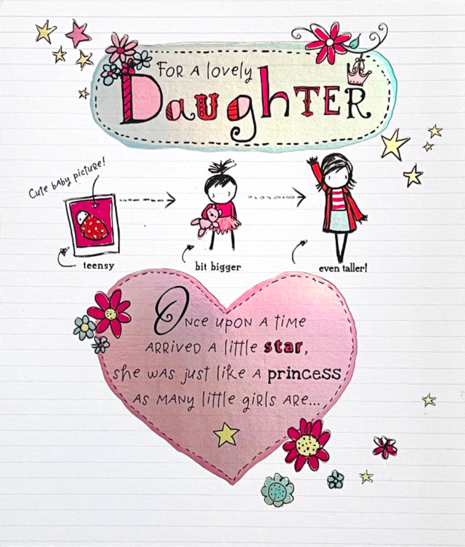 Lovely Daughter Happy Birthday Card Once Upon A Time Princess Poem - Doodles Art