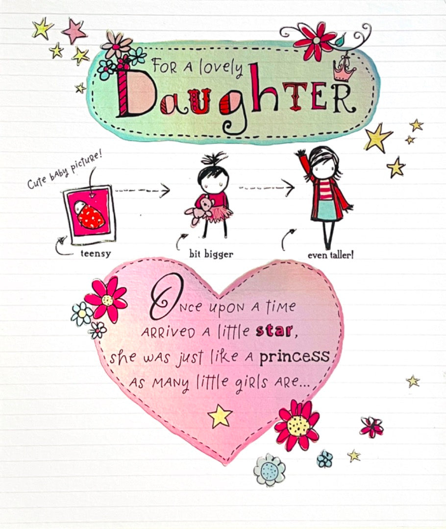 Lovely Daughter Happy Birthday Card Once Upon A Time Princess Poem - Doodles Art