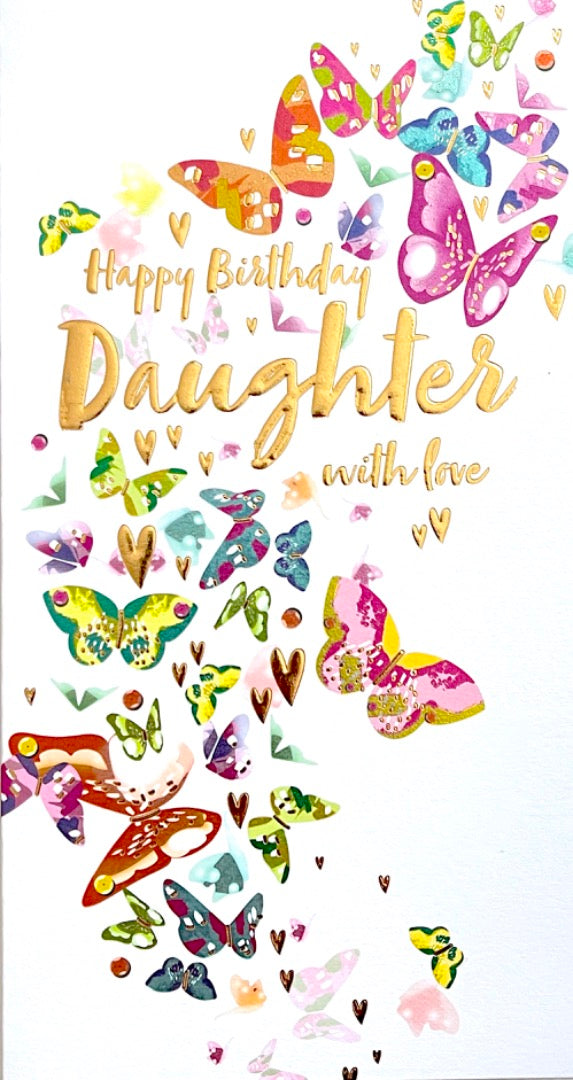 Happy Birthday Daughter With Love Butterflies Hearts Luxury Gold Foil Emboss Card