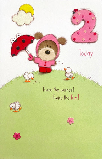 2 Today Happy 2nd Birthday Card Lots Of Woof Dog Feeding Ducks Ladybug Umbrella - Pink