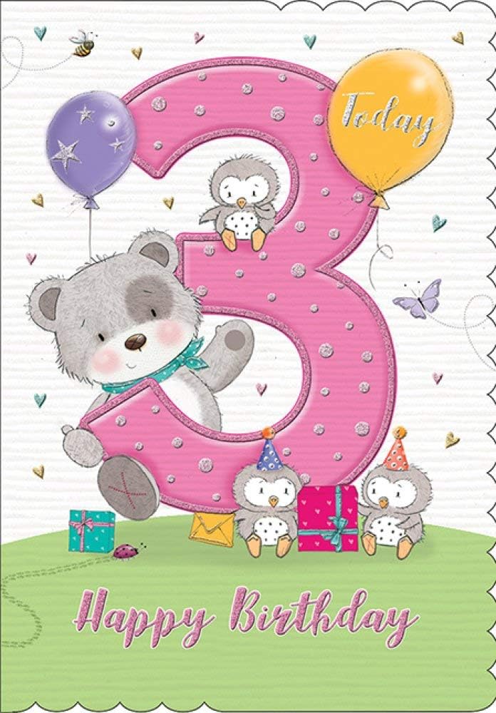 3 Today Happy 3rd Birthday Hip Hip Hooray Cute Teddy Bear and Owls with Gifts - Pink