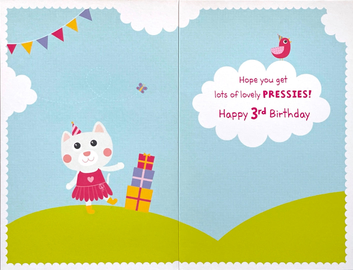 3 Today Happy 3rd Birthday Card Cute Cat in Pink Dress Lots of Lovely Pressies