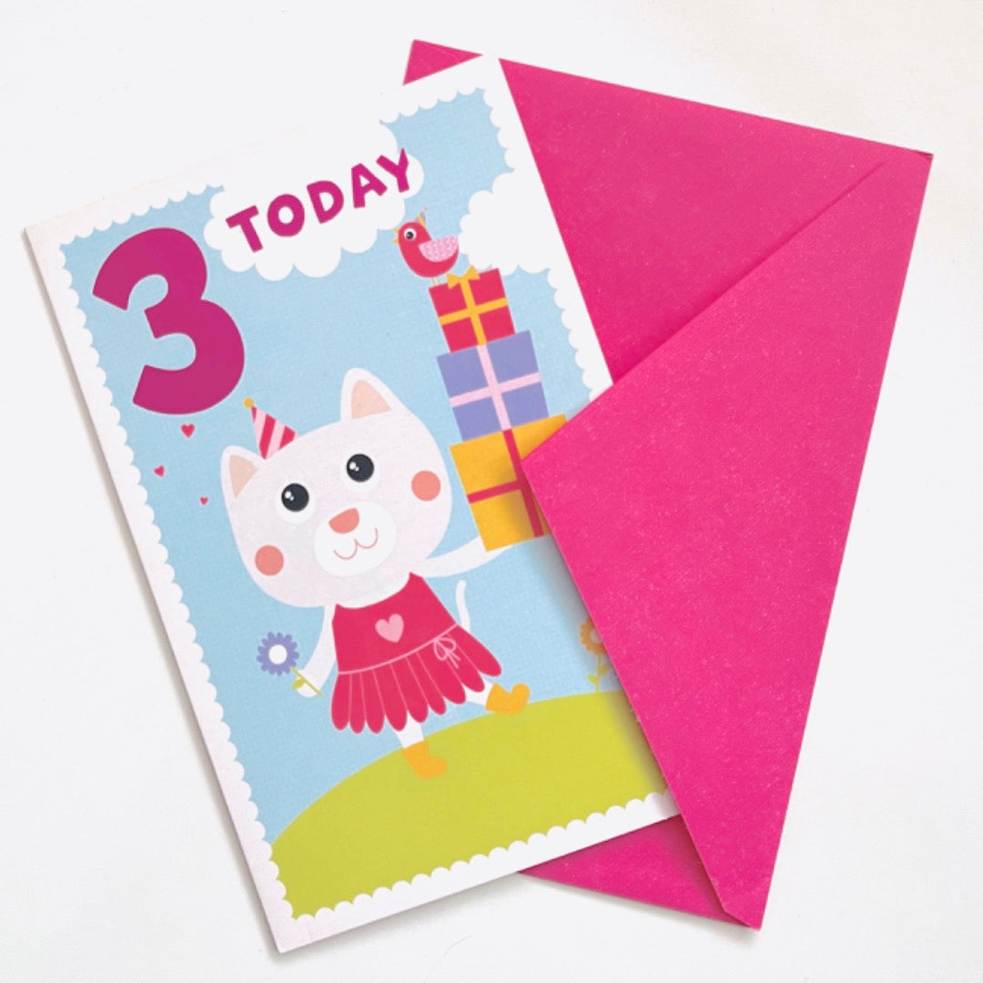 3 Today Happy 3rd Birthday Card Cute Cat in Pink Dress Lots of Lovely Pressies