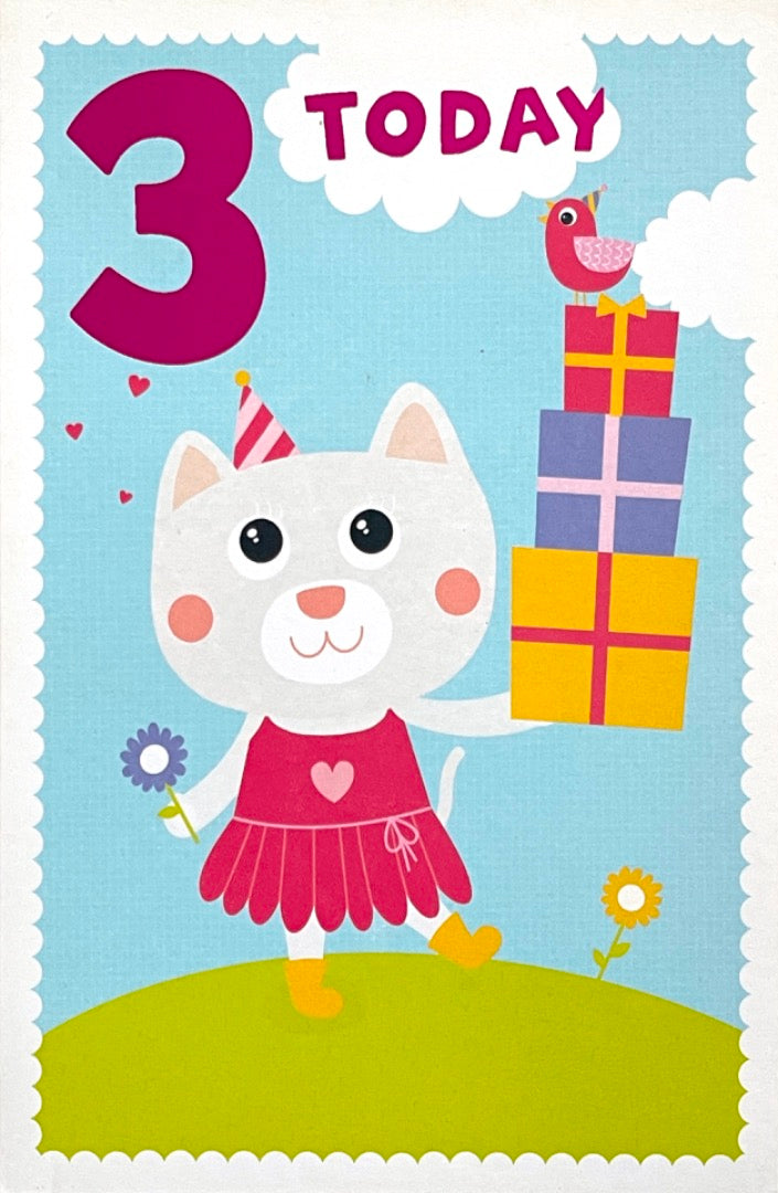 3 Today Happy 3rd Birthday Card Cute Cat in Pink Dress Lots of Lovely Pressies