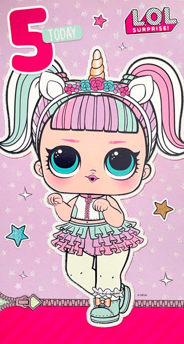 5 Today Happy 5th Birthday Card LOL Surprise Doll Unicorn Glitter Fun and Giggles