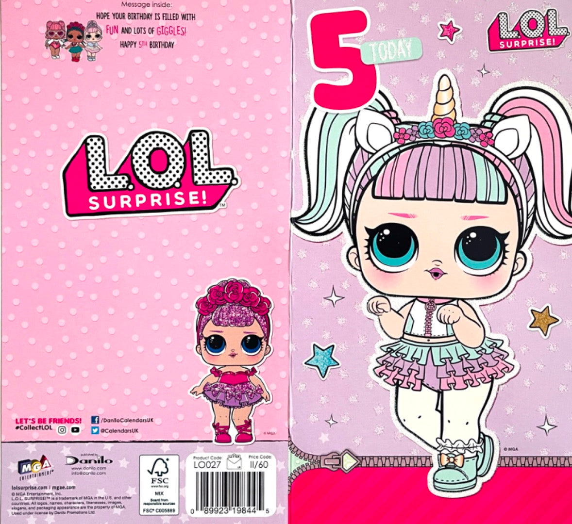 5 Today Happy 5th Birthday Card LOL Surprise Doll Unicorn Glitter Fun and Giggles