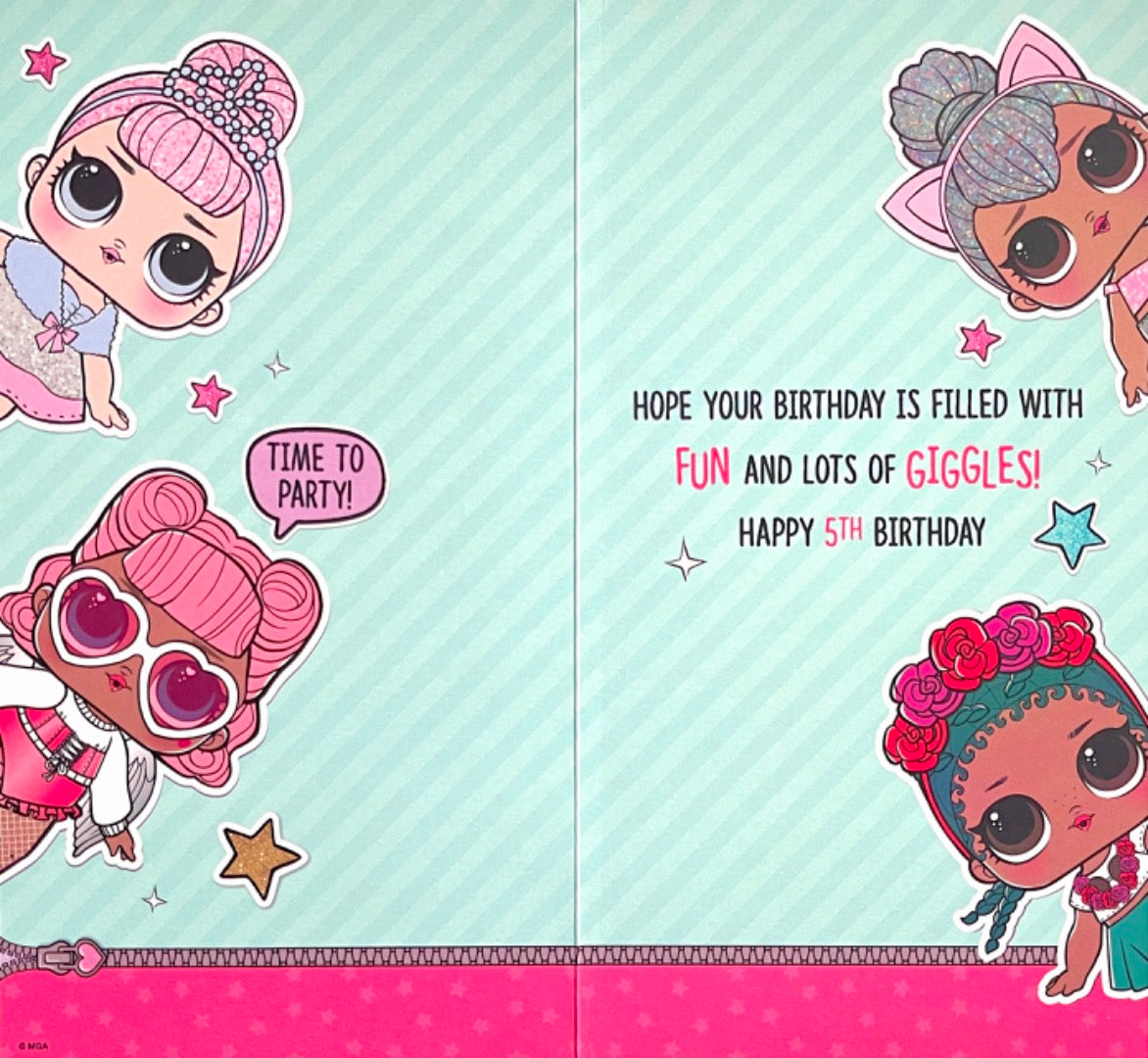 5 Today Happy 5th Birthday Card LOL Surprise Doll Unicorn Glitter Fun and Giggles