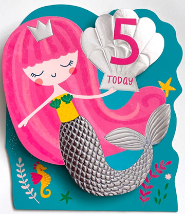 5 Today 5th Magical Birthday Card with Mermaid Shell and Seahorse 3D Handfinished