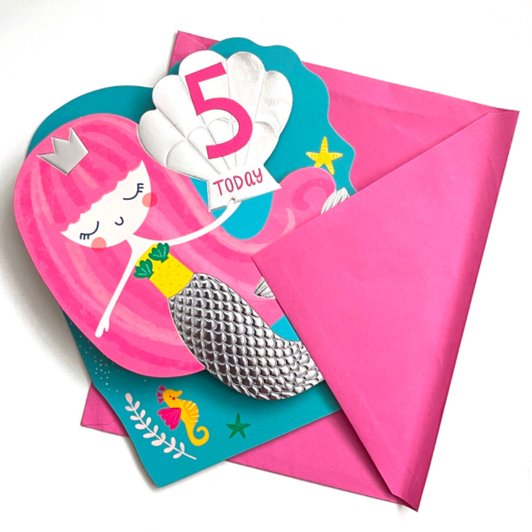 5 Today 5th Magical Birthday Card with Mermaid Shell and Seahorse 3D Handfinished