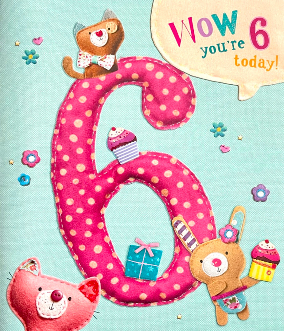 Wow You're 6 Today 6th Brilliant Birthday Card Felt Craft Rabbit Cats and Cupcakes