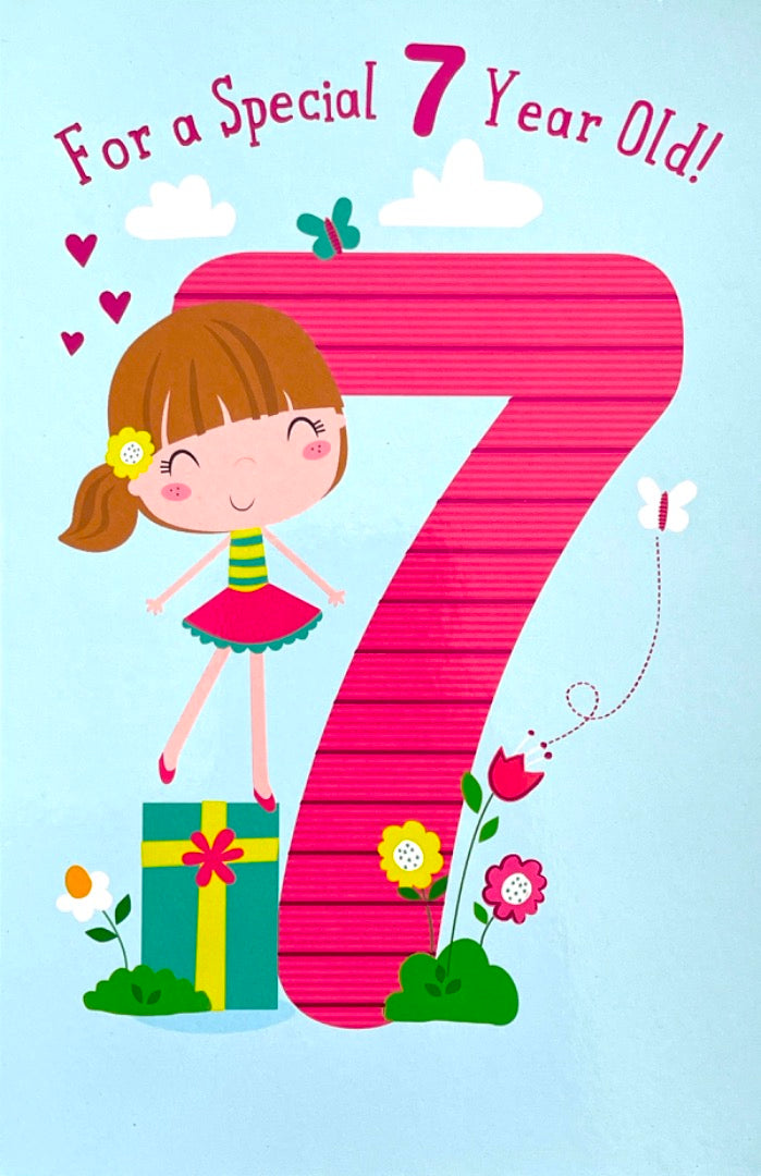 Special 7 Year Old Happy 7th Birthday Girl Card Pretty Dress Gift Butterflies and Flowers