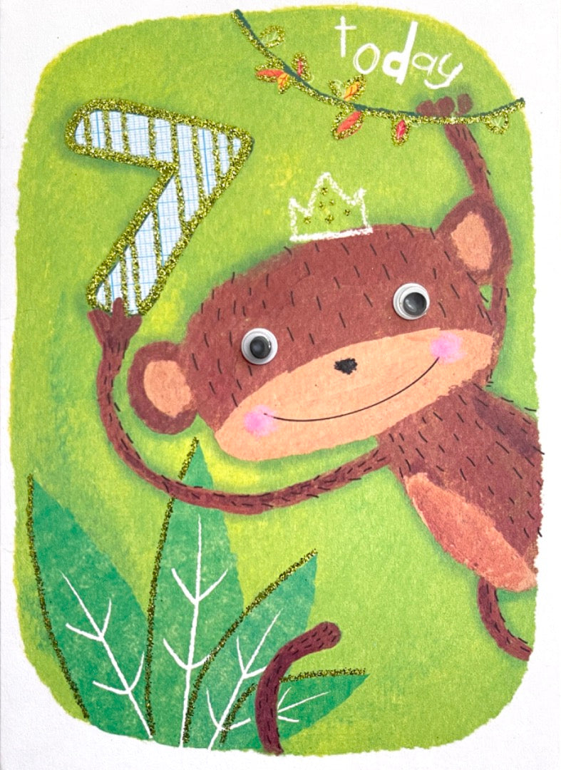 7 Today 7th Birthday Card Jungle King Cute Monkey Art with Goggly Eyes and Glitter