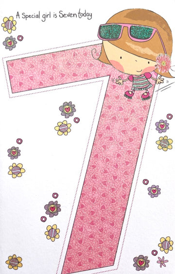 Special Girl Seven Today 7th Birthday Card Pretty Dress Sunglasses Flowers Age 7