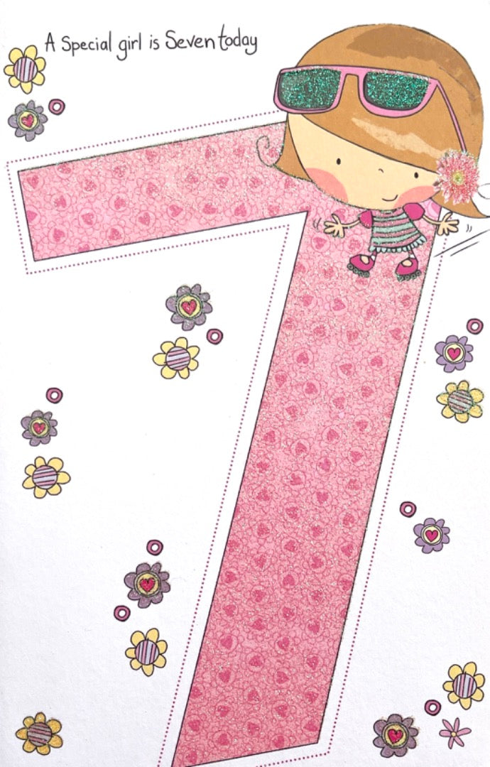 Special Girl Seven Today 7th Birthday Card Pretty Dress Sunglasses Flowers Age 7