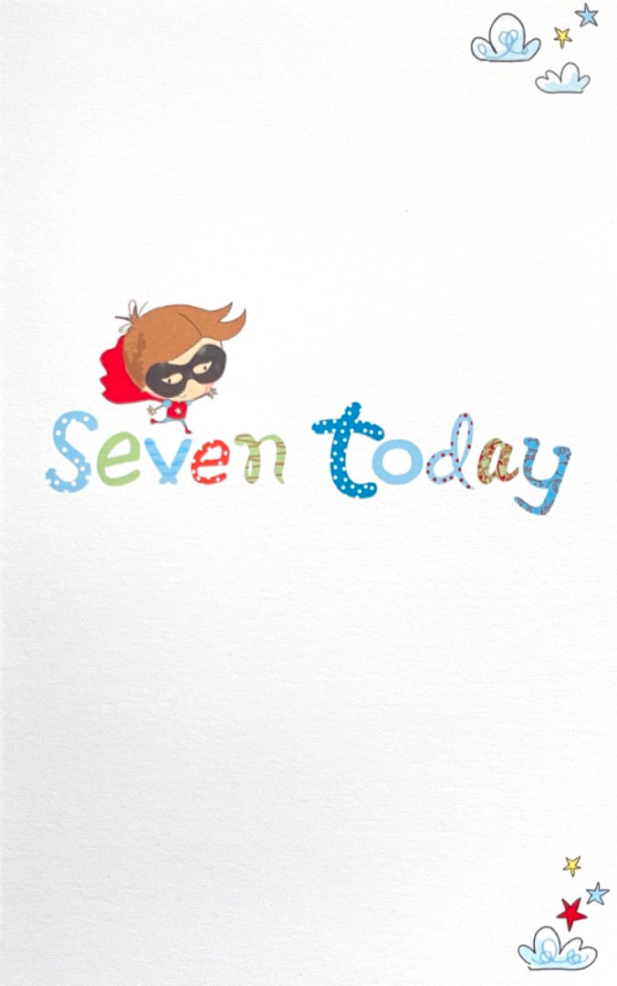 Super Boy Seven Today 7th Birthday Card Super Hero Costume Cape Age 7