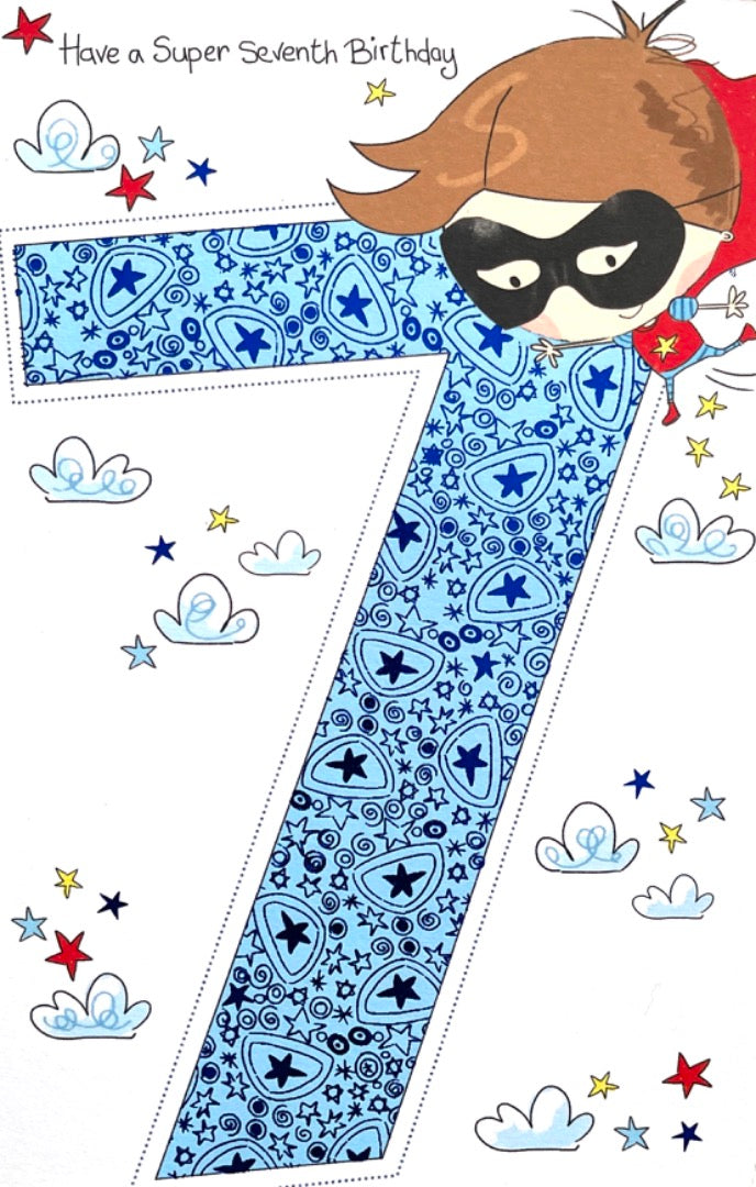 Super Boy Seven Today 7th Birthday Card Super Hero Costume Cape Age 7