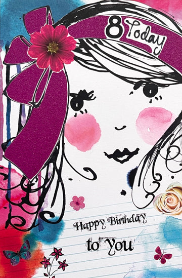 8 Today 8th Happy Birthday Card Girl Makeup Abstract Art with Glitter