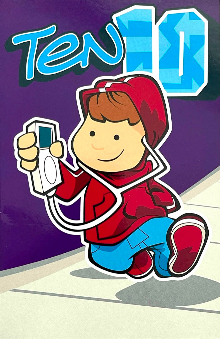 Ten 10 Birthday Card 10th Bday Boy in Hoody Baggy Jeans Music Animation Art