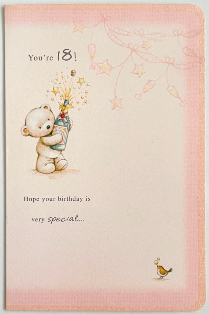 18 Happy 18th Birthday Card With Love Pink Teddy Bear with Champagne Bottle