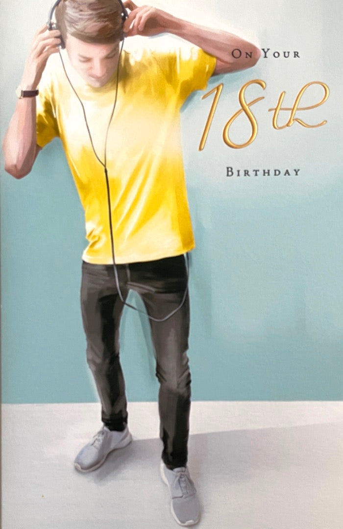 18th Birthday Card - Stylish Teenager Headphones Watercolour Contemporary Art Age 18