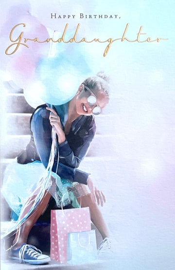 Granddaughter Happy Birthday Card Stylish Teenage Girl Balloons Gifts Watercolour Art Contemporary
