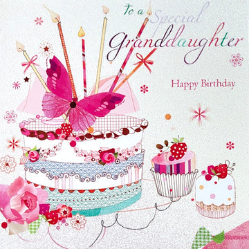Special Granddaughter Happy Birthday Card Cake Cupcakes Butterfly Sparkle Glitter Art