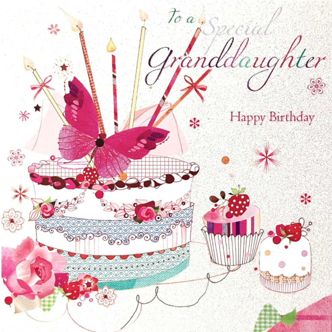 Special Granddaughter Happy Birthday Card Cake Cupcakes Butterfly Sparkle Glitter Art