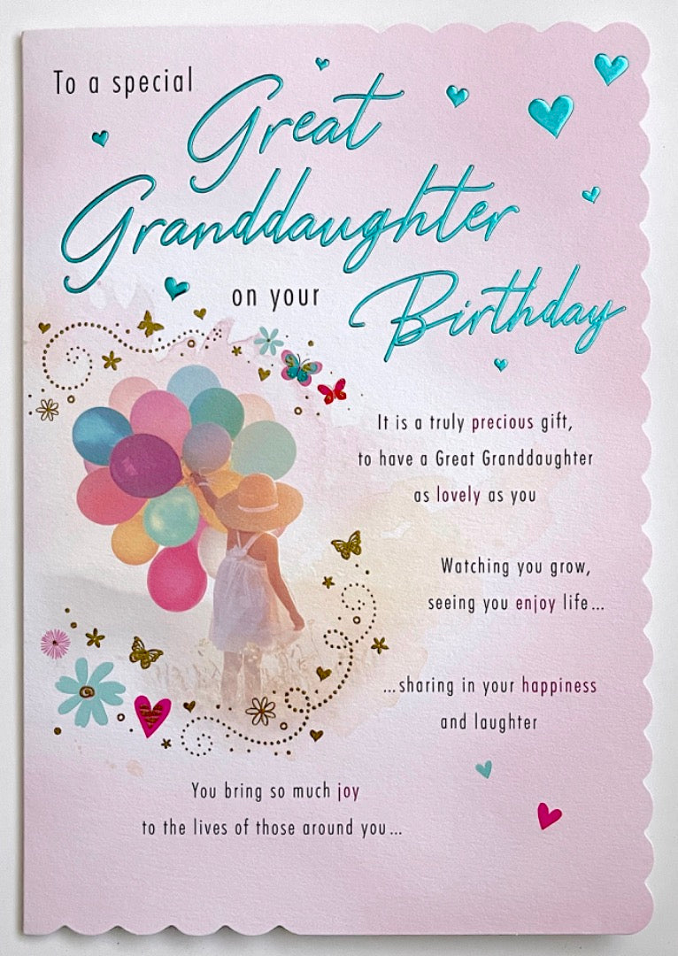 Great Granddaughter Happy Birthday Card With Love Special Words Girl Balloons Hearts