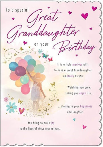 Great Granddaughter Happy Birthday Card With Love Special Words Girl Balloons Hearts