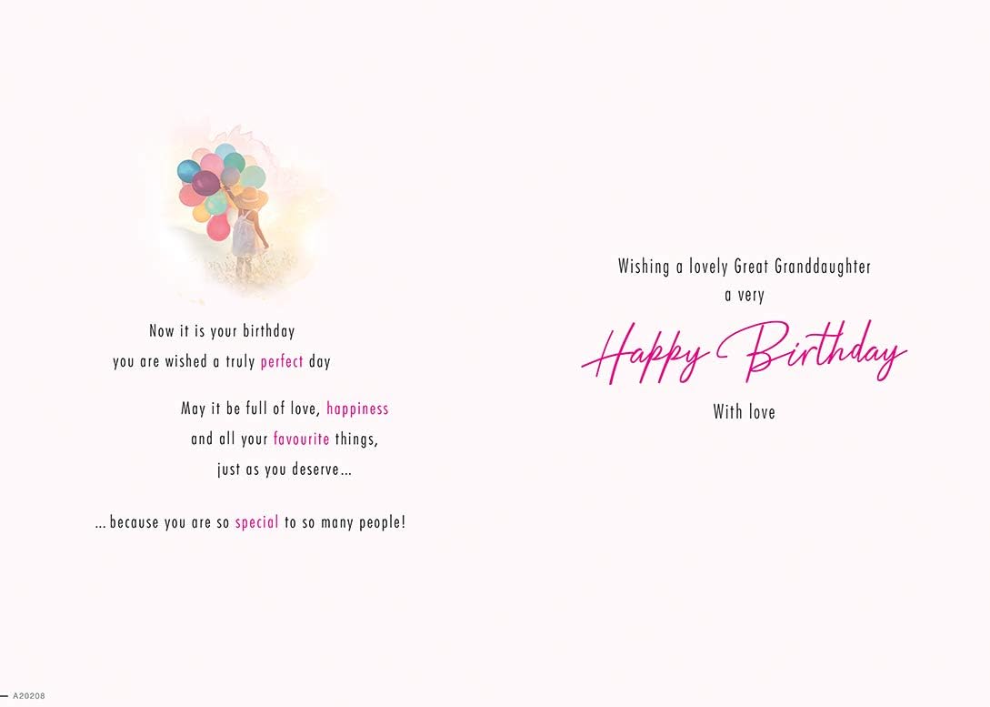 Great Granddaughter Happy Birthday Card With Love Special Words Girl Balloons Hearts