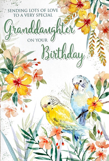 Special Granddaughter Birthday Card Pretty Birds Parakeet Budgies Tropical Flowers Parrots