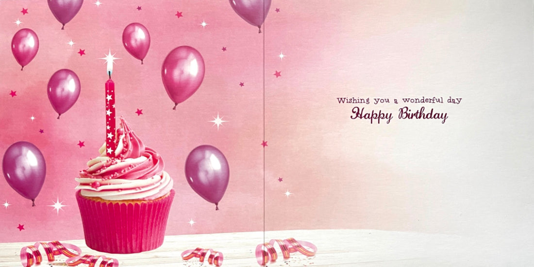 Special Granddaughter Happy Birthday Card Cat Cupcake Balloons Sparkle Glitter Art